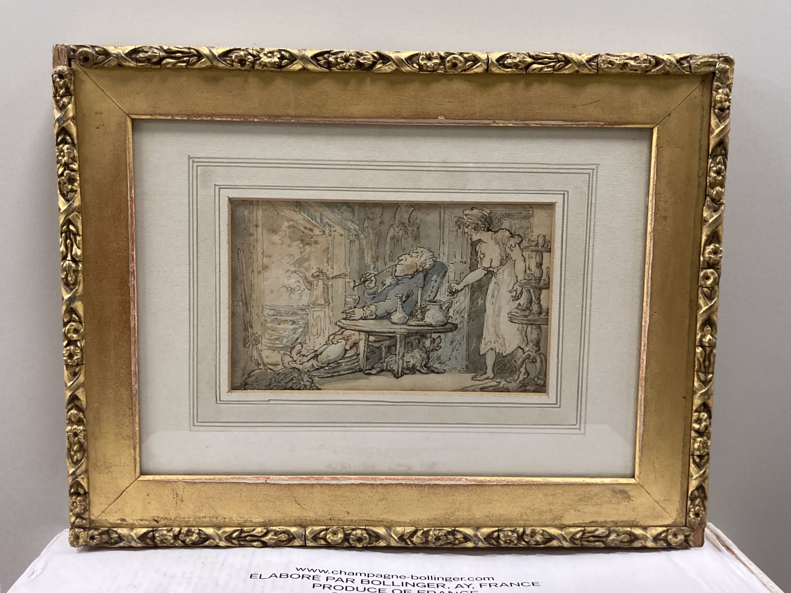 Attributed to Thomas Rowlandson (1757-1827), interior with figures, watercolour, 8.5 x 14cm